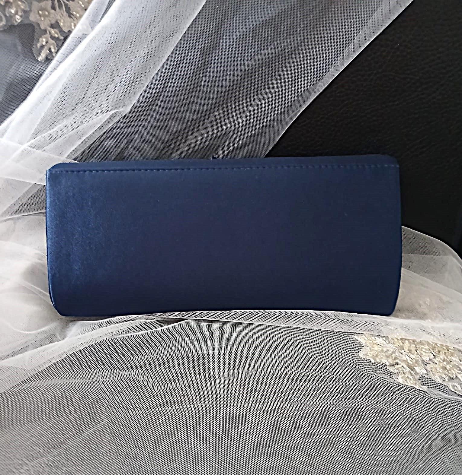 Navy Blue Satin Evening Clutch Bag For Formal Event: Floral Wedding Handbag