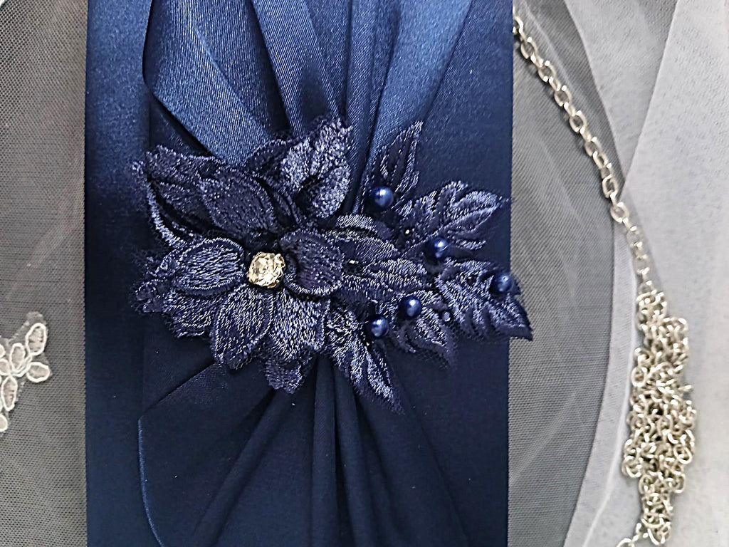Navy Blue Satin Evening Clutch Bag For Formal Event: Floral Wedding Handbag