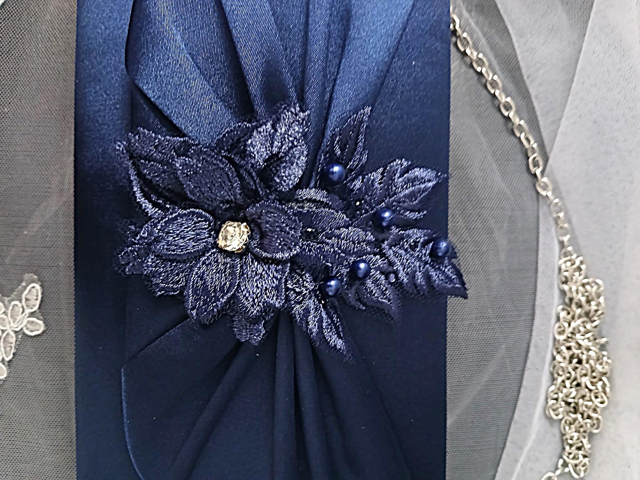 Navy Blue Satin Evening Clutch Bag For Formal Event: Floral Wedding Handbag