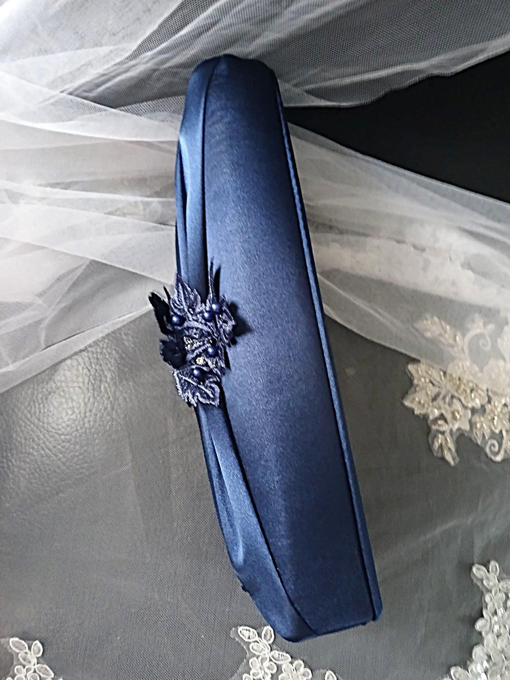Navy Blue Satin Evening Clutch Bag For Formal Event: Floral Wedding Handbag