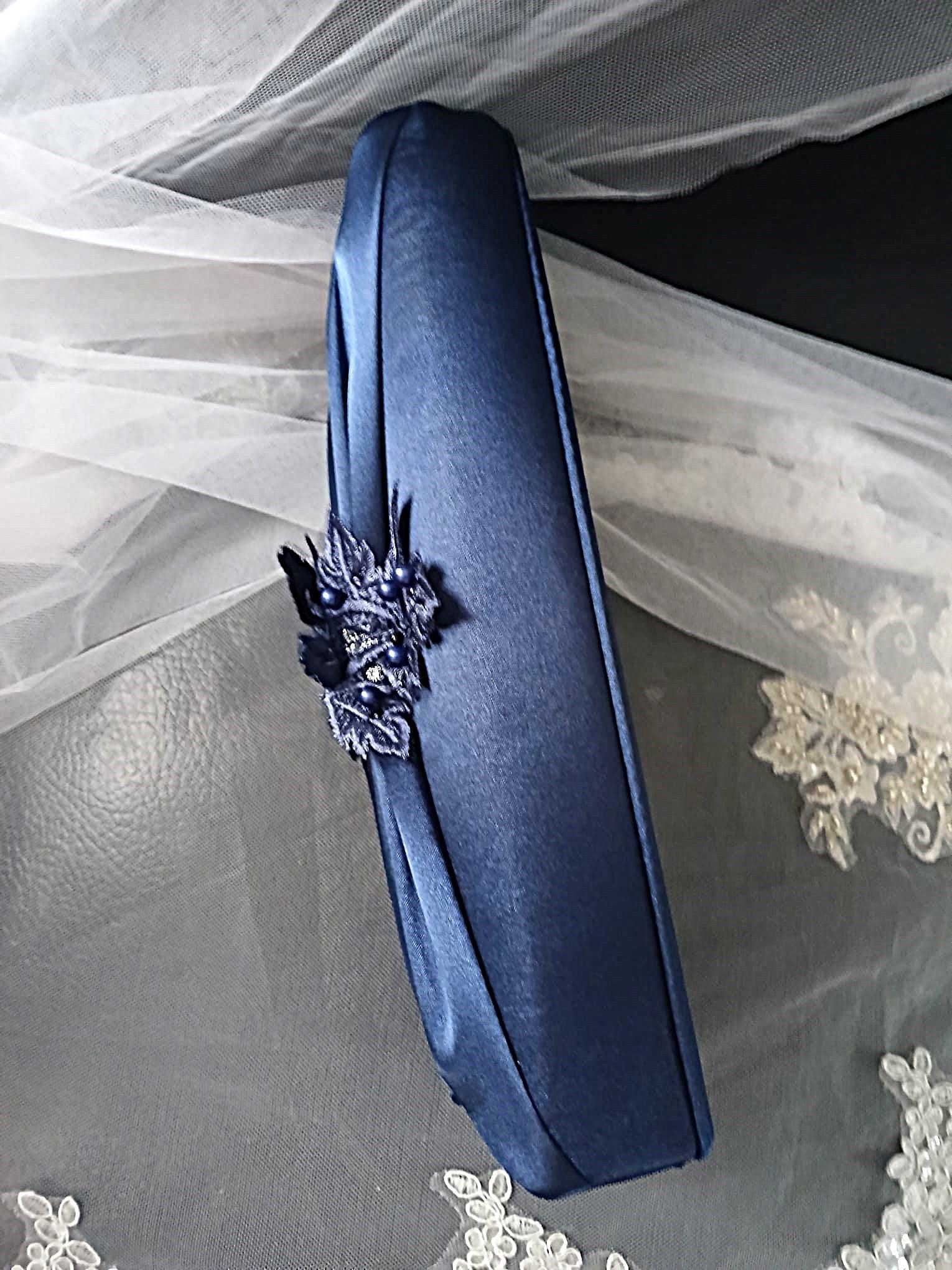 Navy Blue Satin Evening Clutch Bag For Formal Event: Floral Wedding Handbag