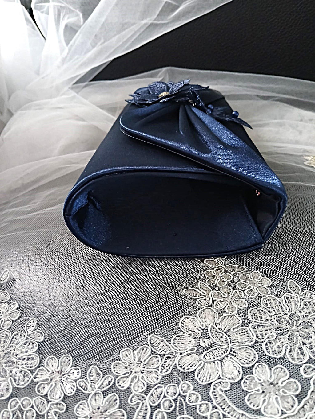 Navy Blue Satin Evening Clutch Bag For Formal Event: Floral Wedding Handbag