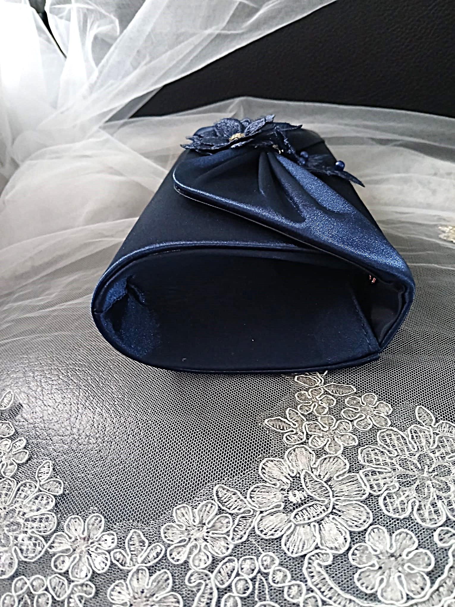 Navy Blue Satin Evening Clutch Bag For Formal Event: Floral Wedding Handbag