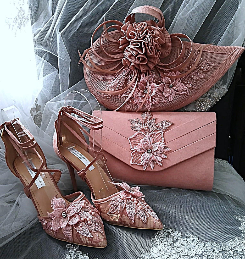 Dusky Pink Suede Wedding Sandal & Clutch Set: Lace Bridal Shoes
