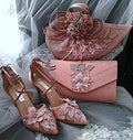 Dusky Pink Suede Wedding Sandal & Clutch Set: Lace Bridal Shoes