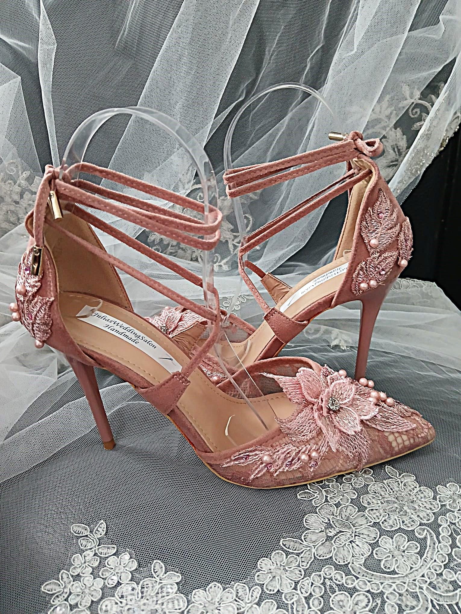 Dusky Pink Suede Wedding Sandal & Clutch Set: Lace Bridal Shoes