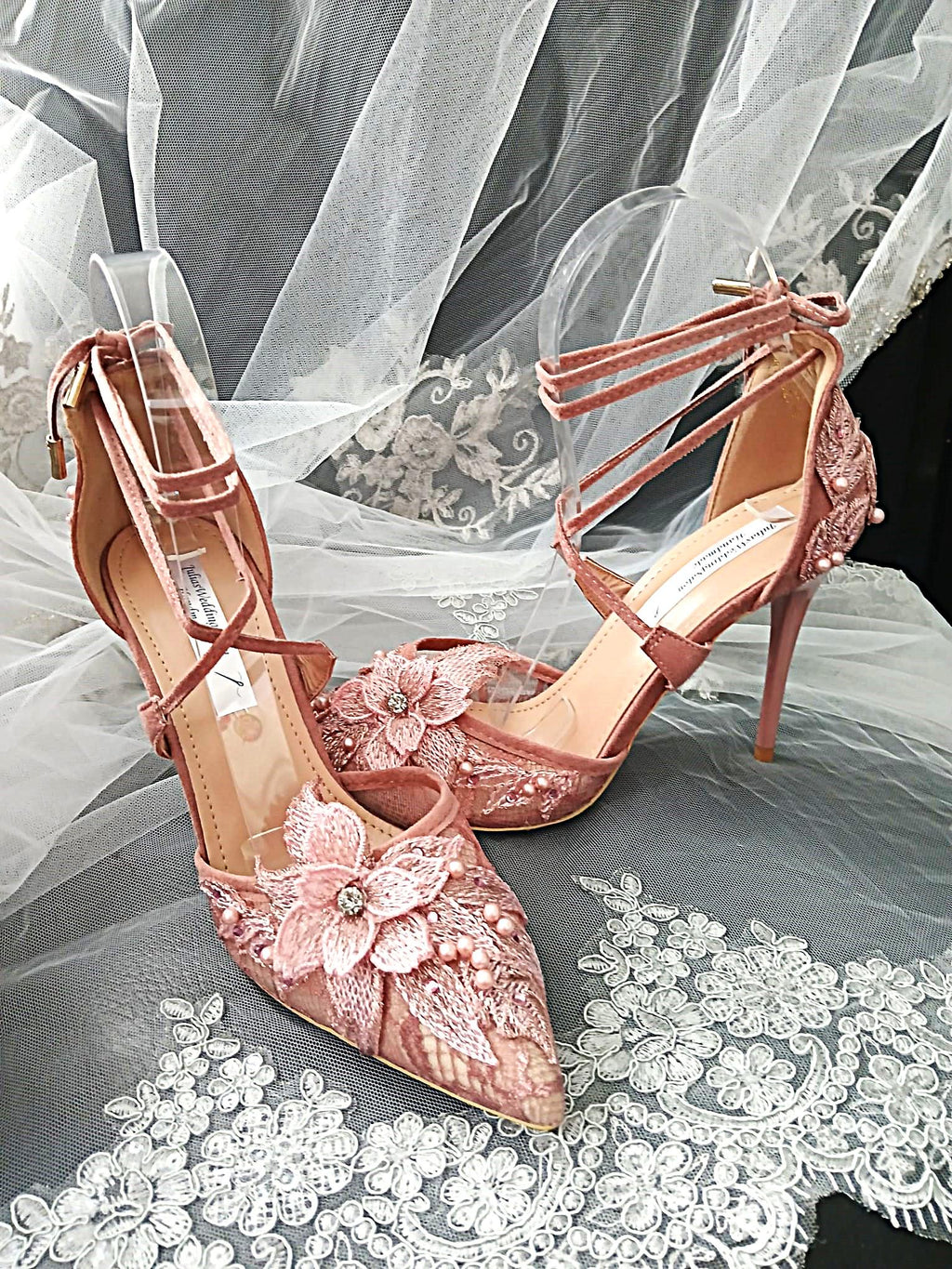 Dusky Pink Suede Wedding Sandal & Clutch Set: Lace Bridal Shoes