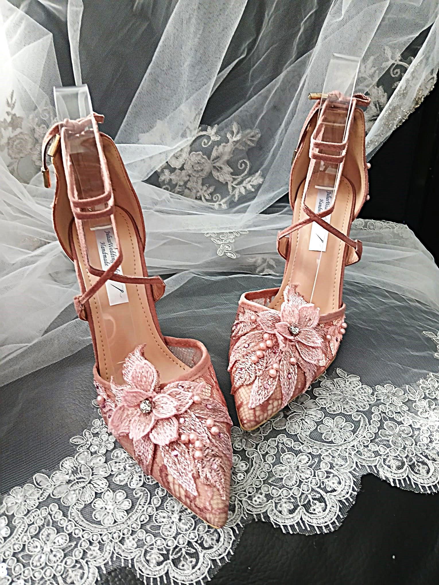 Dusky Pink Suede Wedding Sandal & Clutch Set: Lace Bridal Shoes