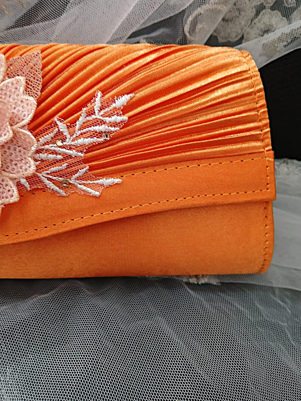 Orange Satin Evening Clutch Bag: Floral Wedding Handbag with Chain