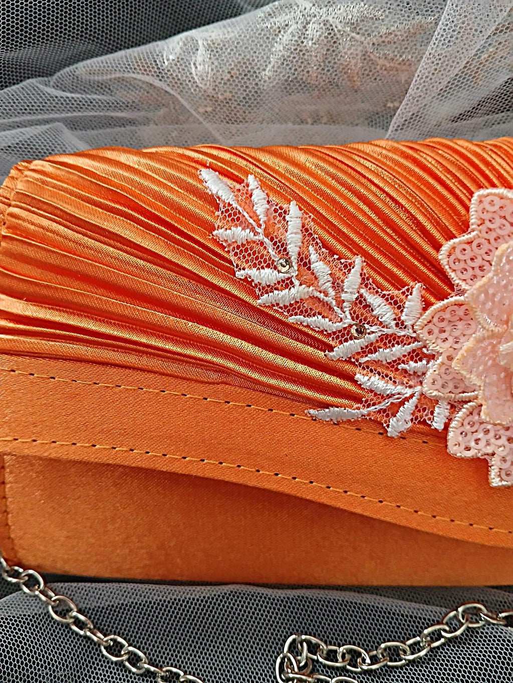 Orange Satin Evening Clutch Bag: Floral Wedding Handbag with Chain