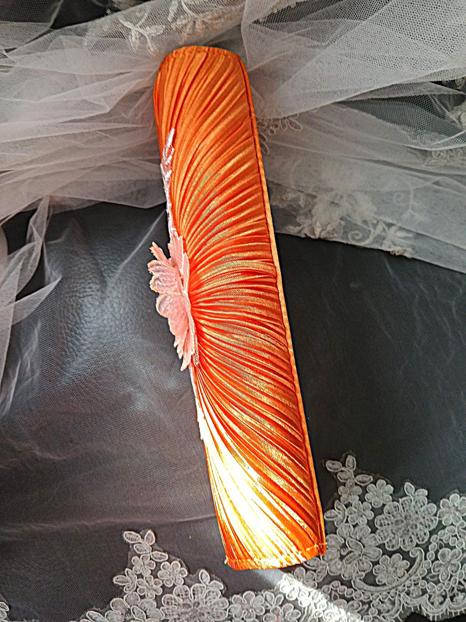Orange Satin Evening Clutch Bag: Floral Wedding Handbag with Chain