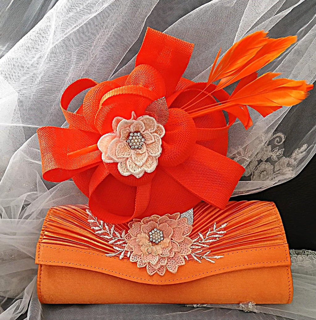 Orange Floral Hat & Satin Clutch Bag Set: Formal Occasion Accessories