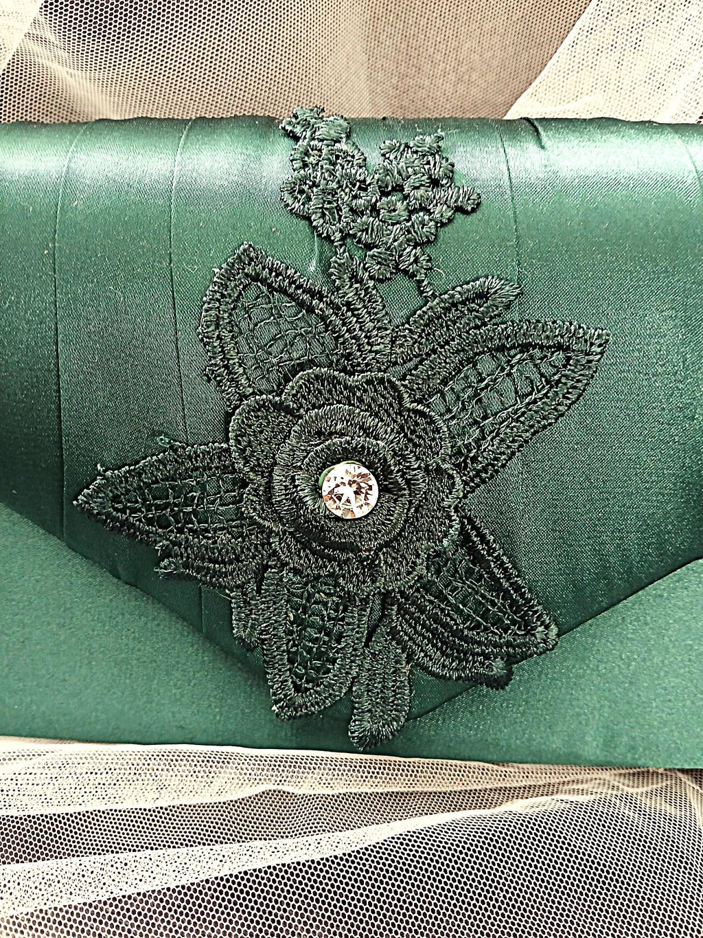Green Satin Evening Clutch: Floral Bridesmaid Purse