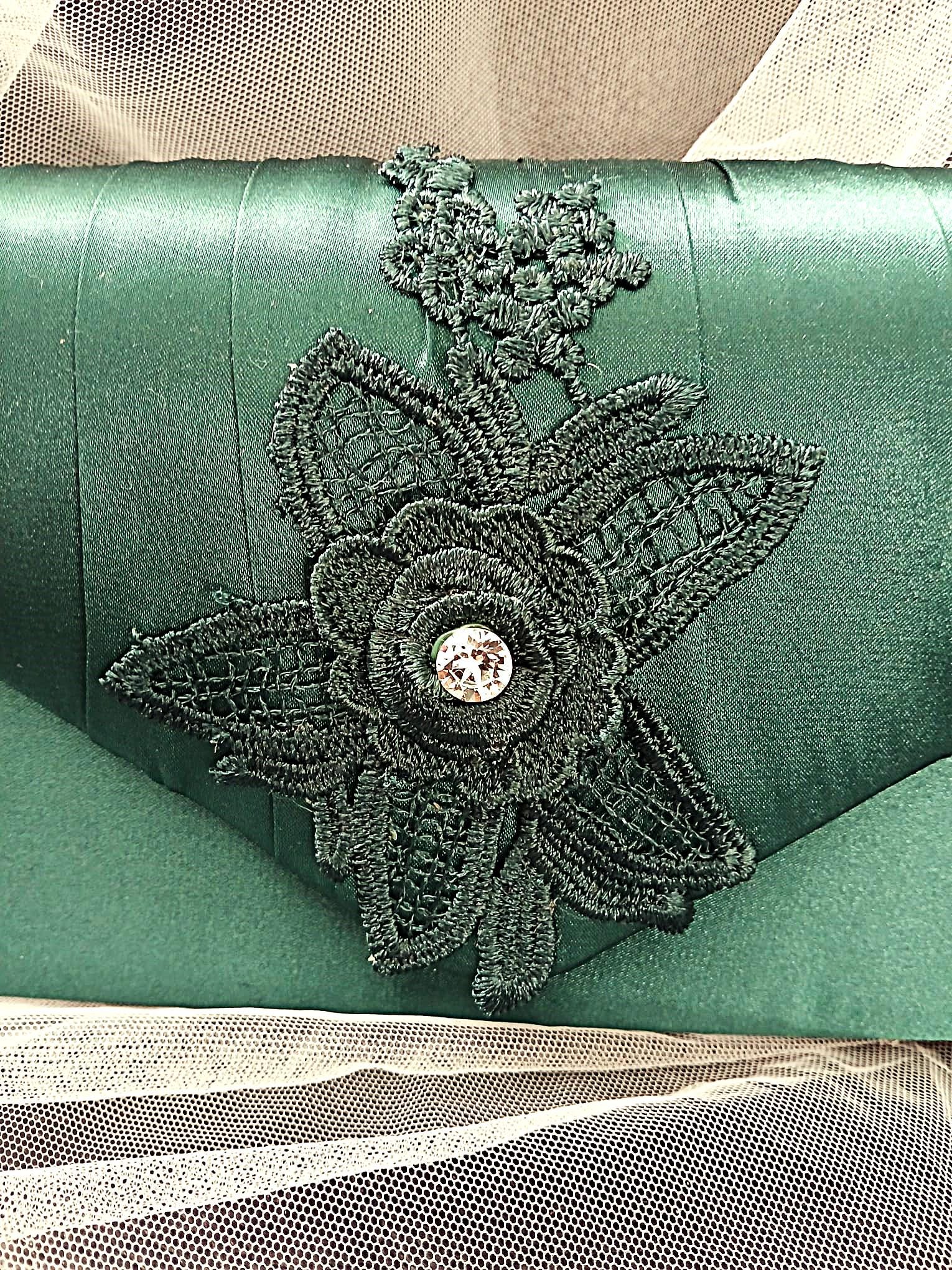Green Satin Evening Clutch: Floral Bridesmaid Purse