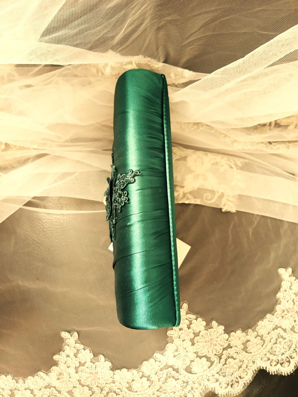 Green Satin Evening Clutch: Floral Bridesmaid Purse
