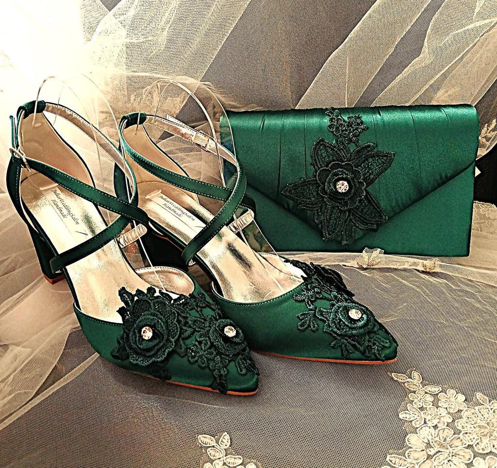 Emerald Green Block Heel Sandal & Clutch Set: Floral Evening Footwear