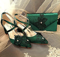 Emerald Green Block Heel Sandal & Clutch Set: Floral Evening Footwear