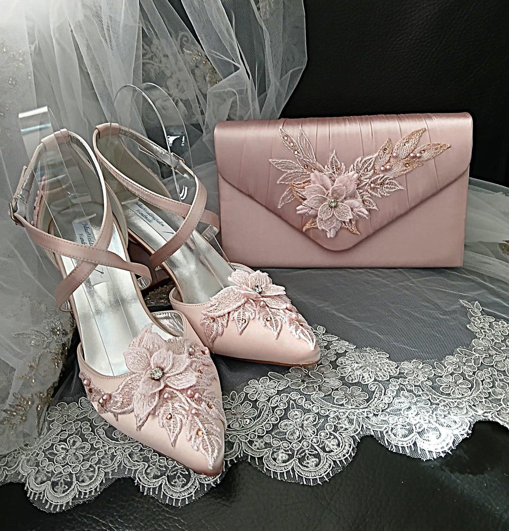 New Pink Powder Floral Block Heel Sandal & Clutch Set: Formal Occasion Footwear