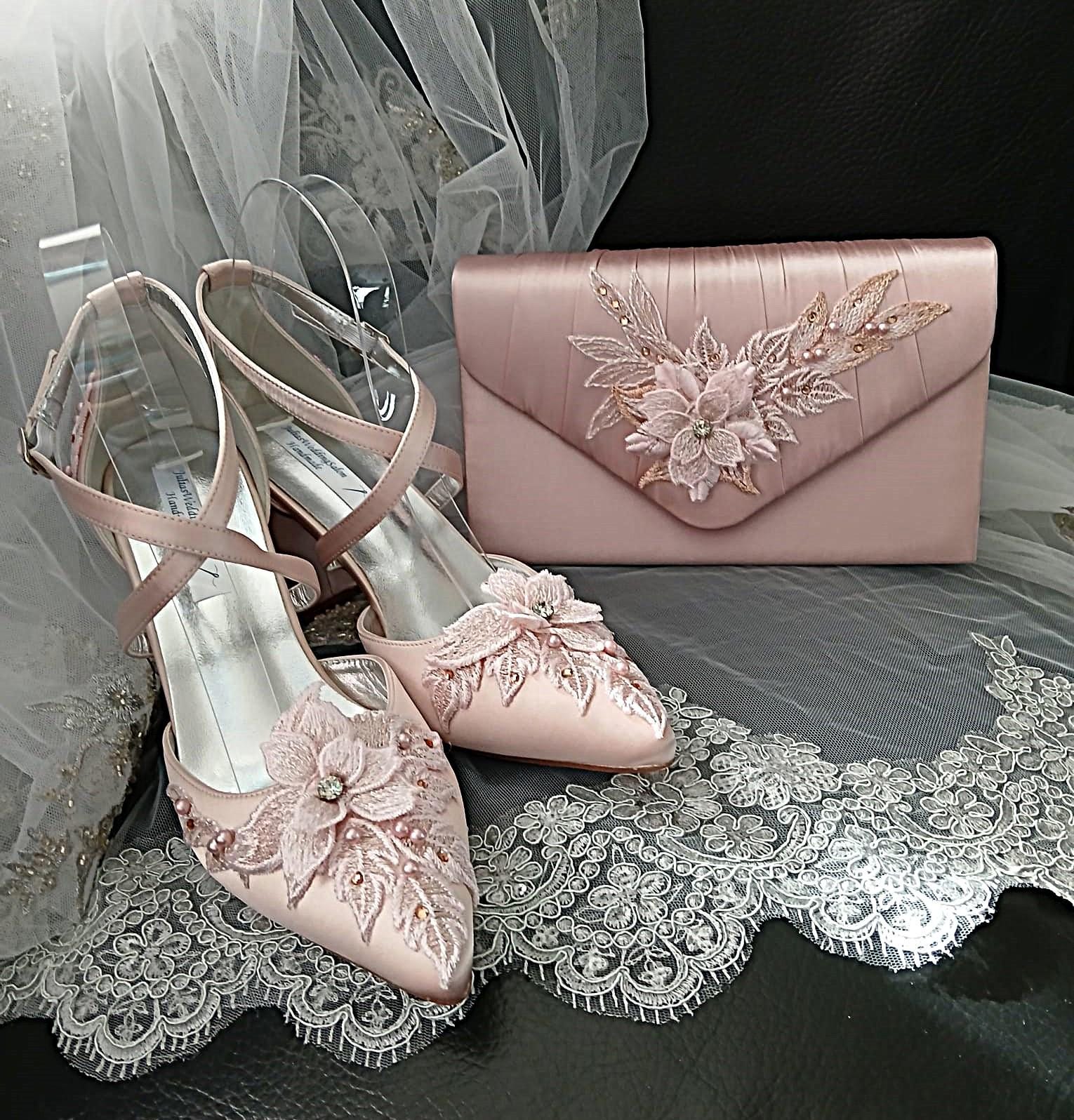 New Pink Powder Floral Block Heel Sandal & Clutch Set: Formal Occasion Footwear