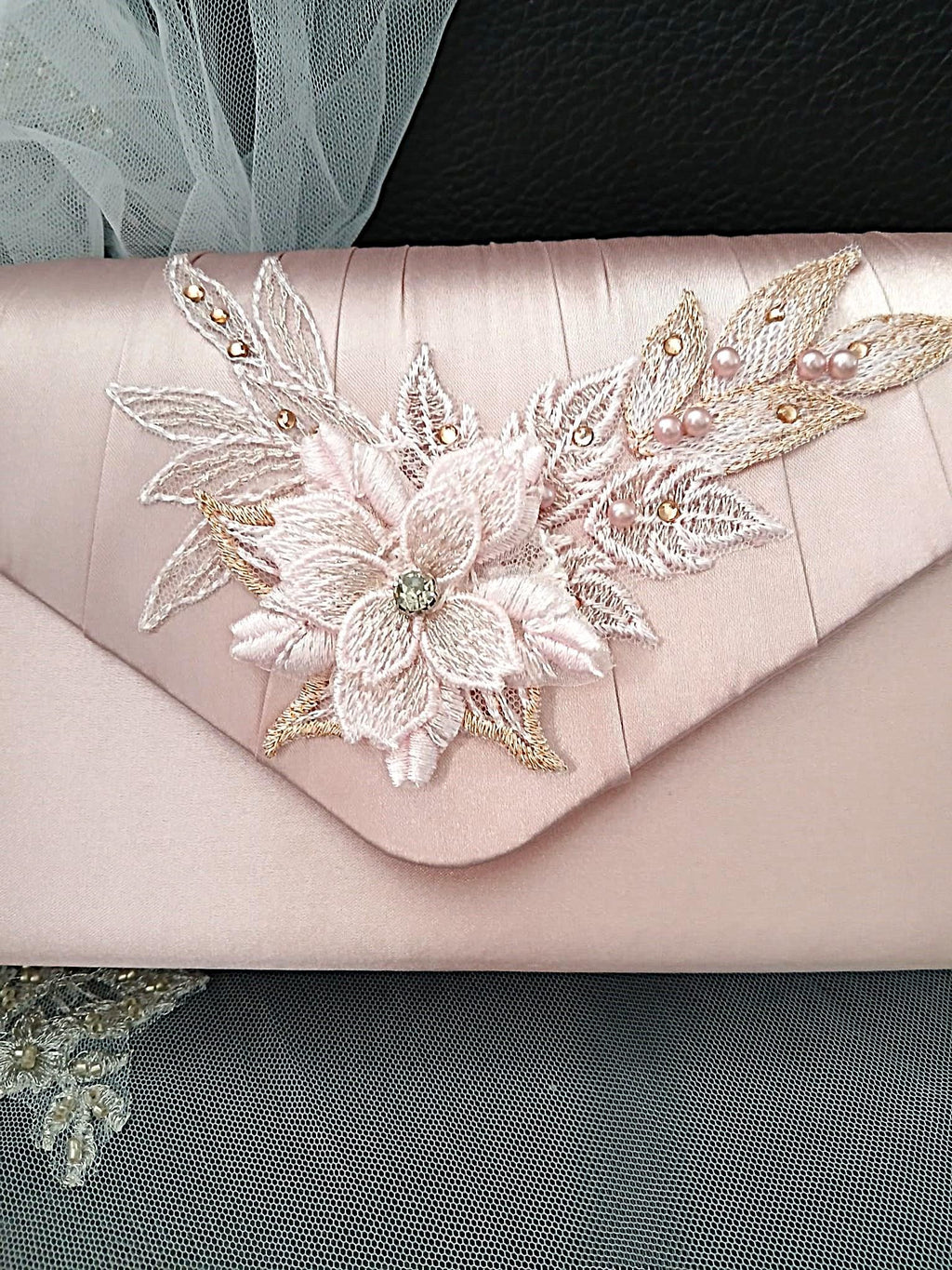 New Pink Satin Evening Clutch Bag: Floral Wedding Handbag with Chain