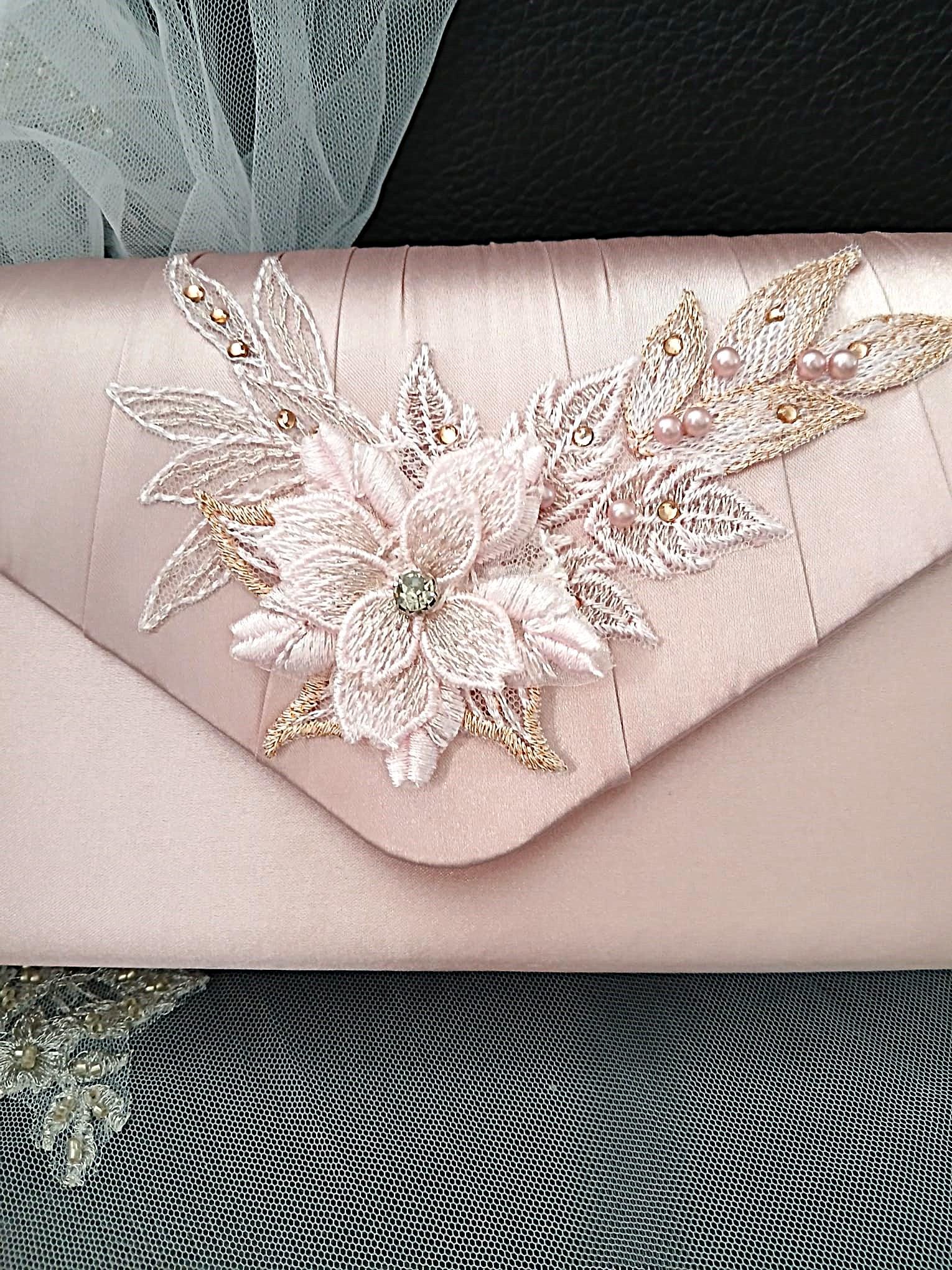 New Pink Satin Evening Clutch Bag: Floral Wedding Handbag with Chain