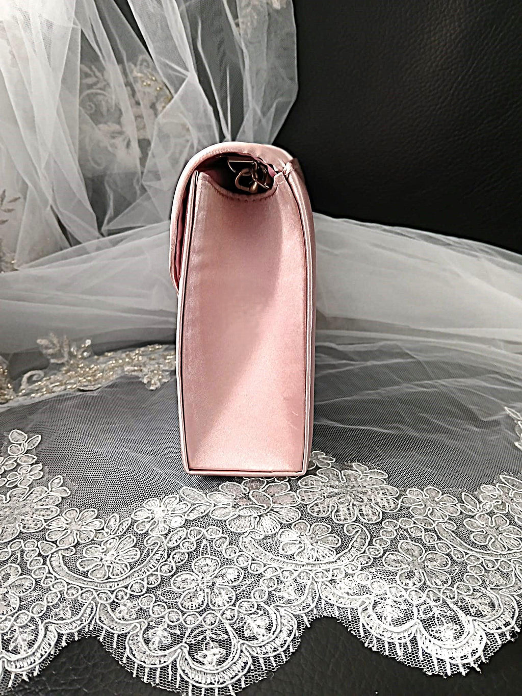 New Pink Satin Evening Clutch Bag: Floral Wedding Handbag with Chain