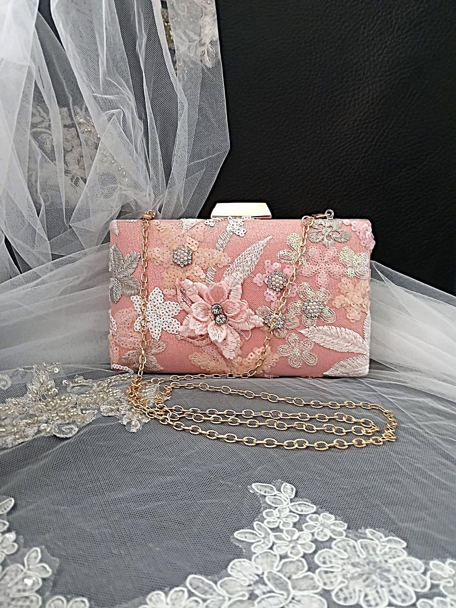 Pink Floral Evening Clutch Bag: Wedding Purse For Bride Or Bridesmaid