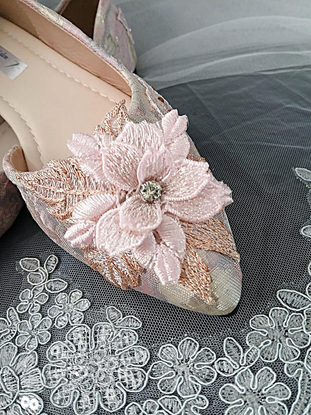 Light Pink Floral Flat Shoes and Clutch Bag Set For Party Or Formal Event
