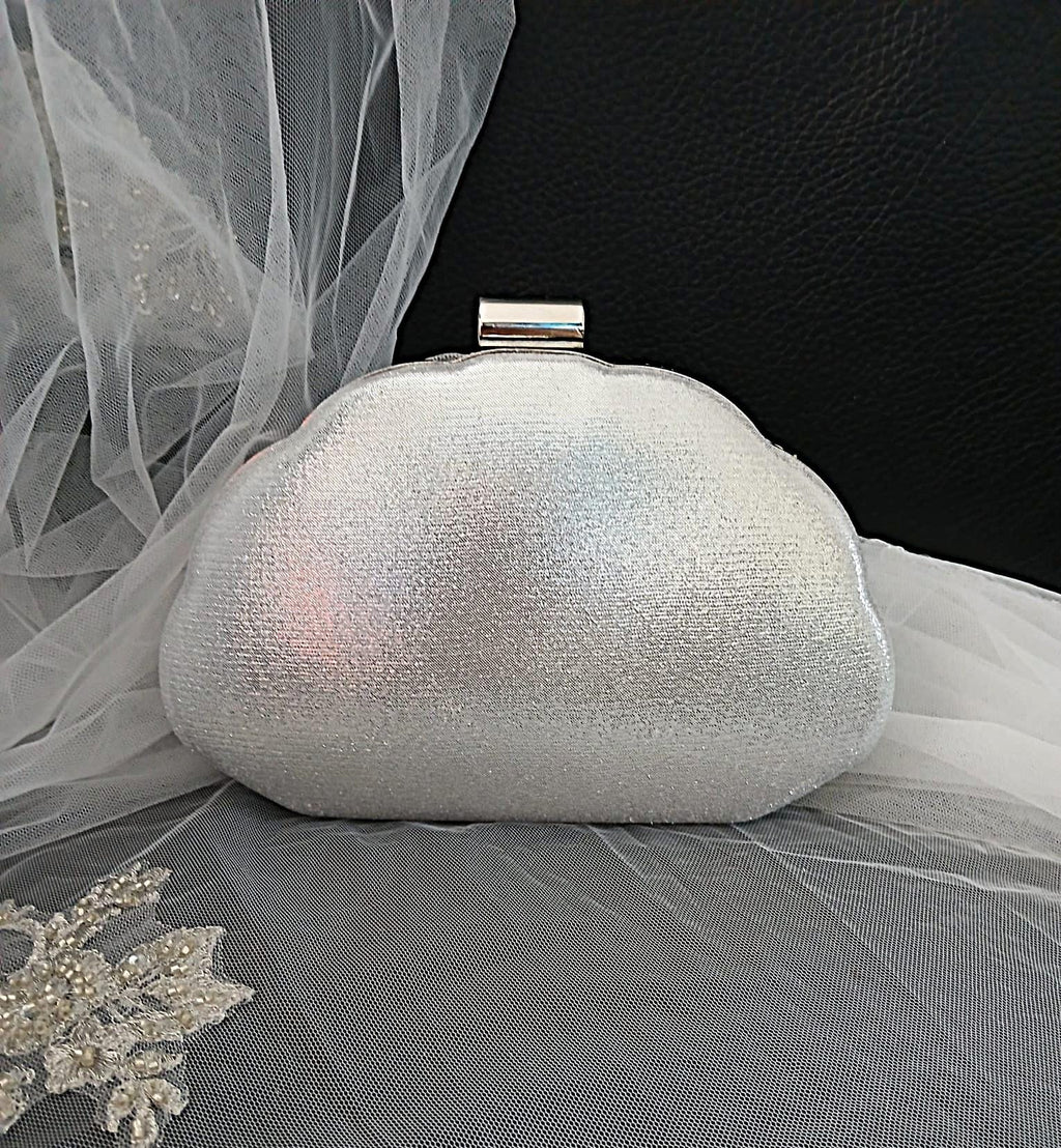 Silver Evening Clutch Bag: Pink Flower Applique, Chain Handle