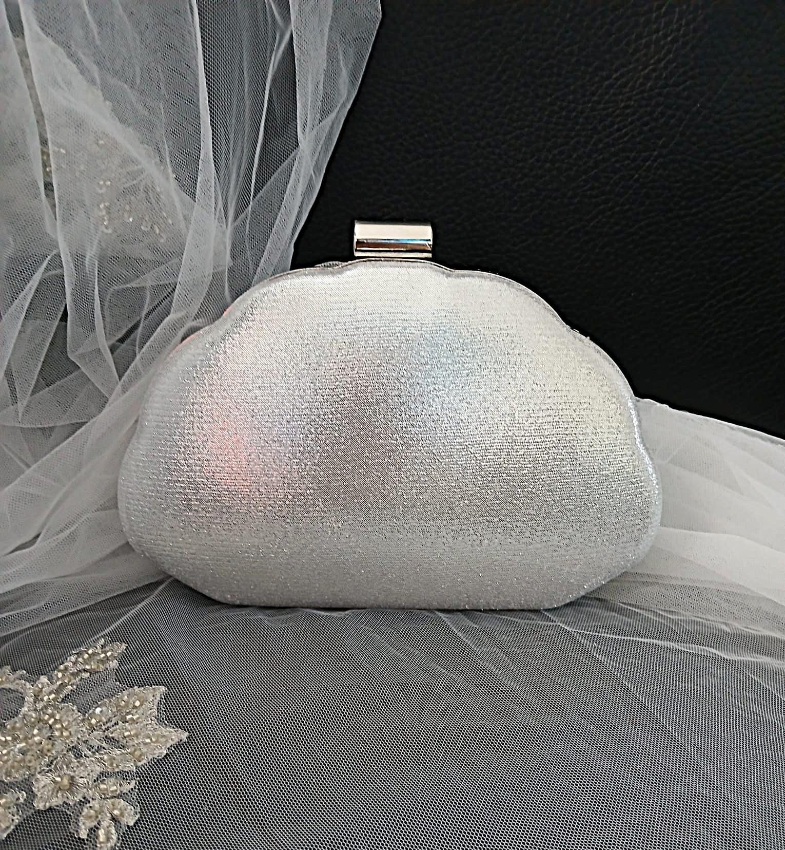 Silver Evening Clutch Bag: Pink Flower Applique, Chain Handle