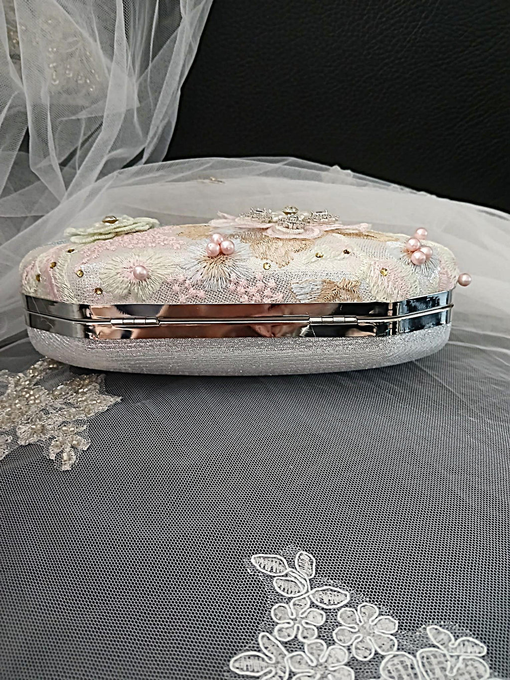 Silver Evening Clutch Bag: Pink Flower Applique, Chain Handle