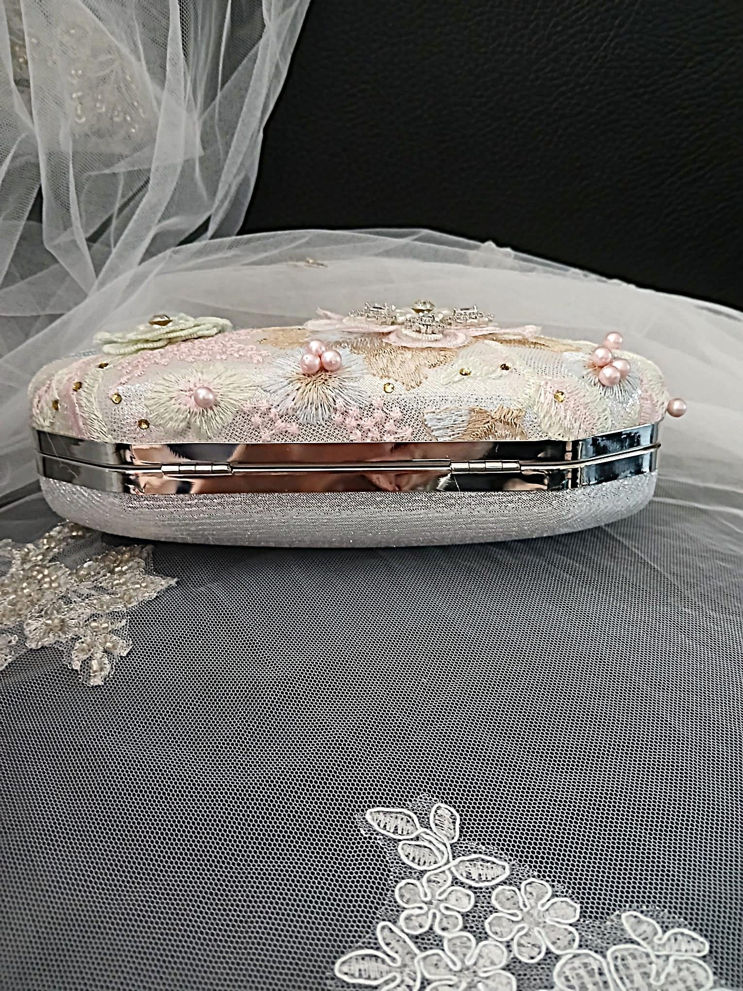 Silver Evening Clutch Bag: Pink Flower Applique, Chain Handle