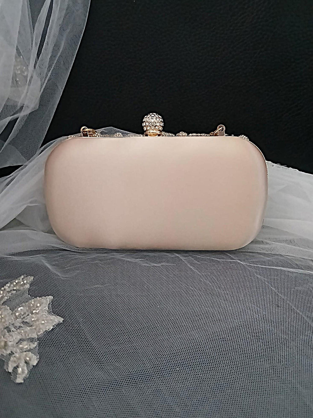Champagne Beaded Satin Clutch Bag: Bridal Handbag with Crystal Handle