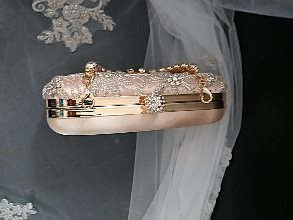 Champagne Beaded Satin Clutch Bag: Bridal Handbag with Crystal Handle