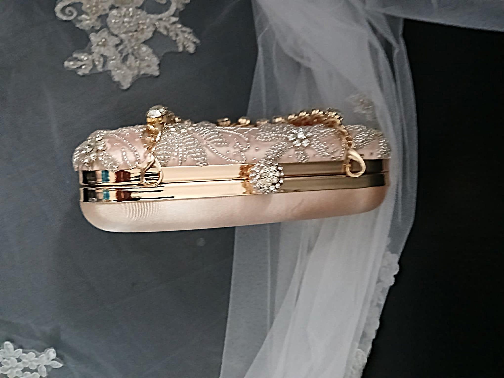 Champagne Beaded Satin Clutch Bag: Bridal Handbag with Crystal Handle
