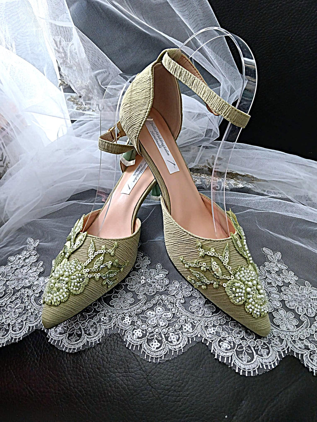 Sage Green Floral Sandal Shoes Set: Mid Heel Shoes, Hat & Clutch