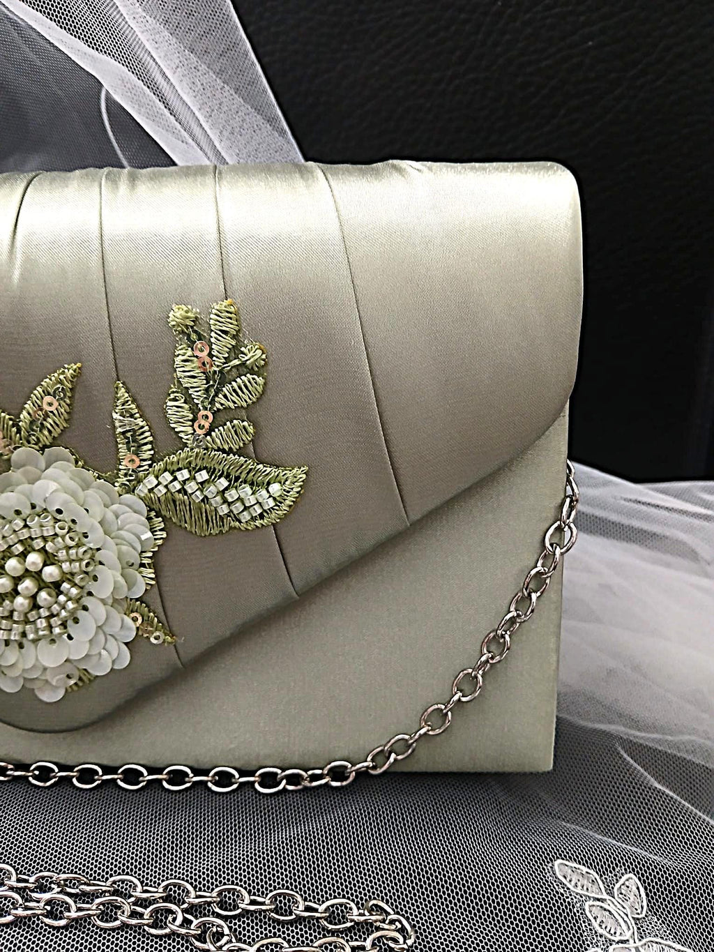 New Sage Green Satin Evening Clutch Bag: Floral Wedding Handbag With Chain