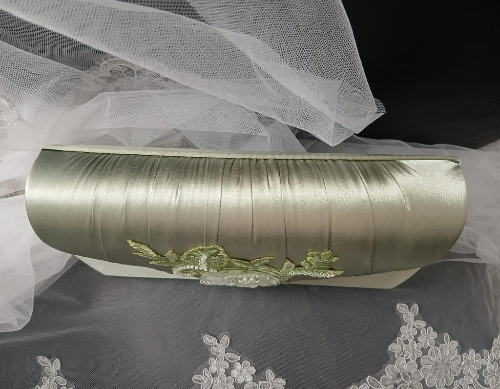 New Sage Green Satin Evening Clutch Bag: Floral Wedding Handbag With Chain