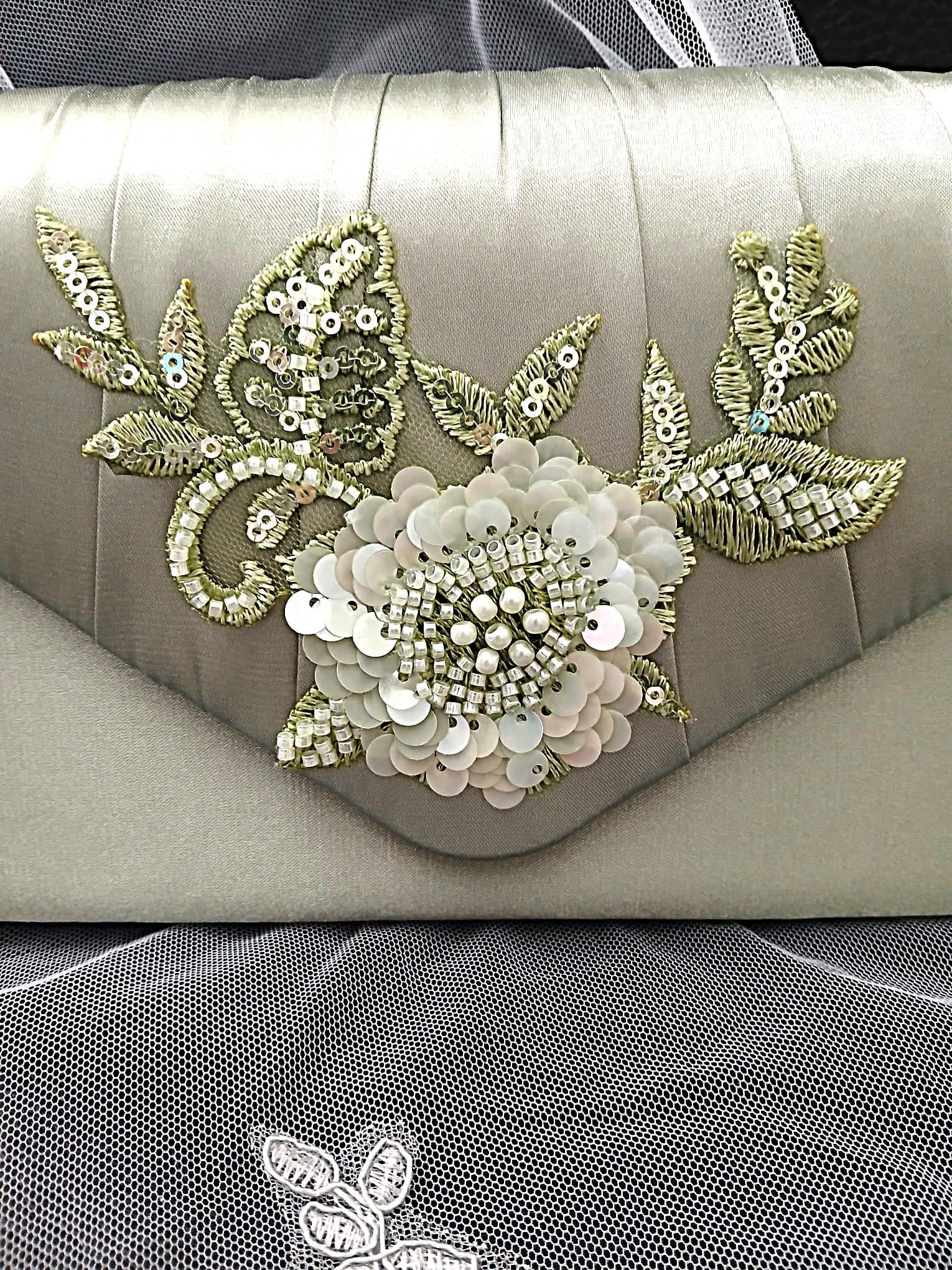 Sage Green Floral Hat & Satin Clutch Bag Set For Formal Event