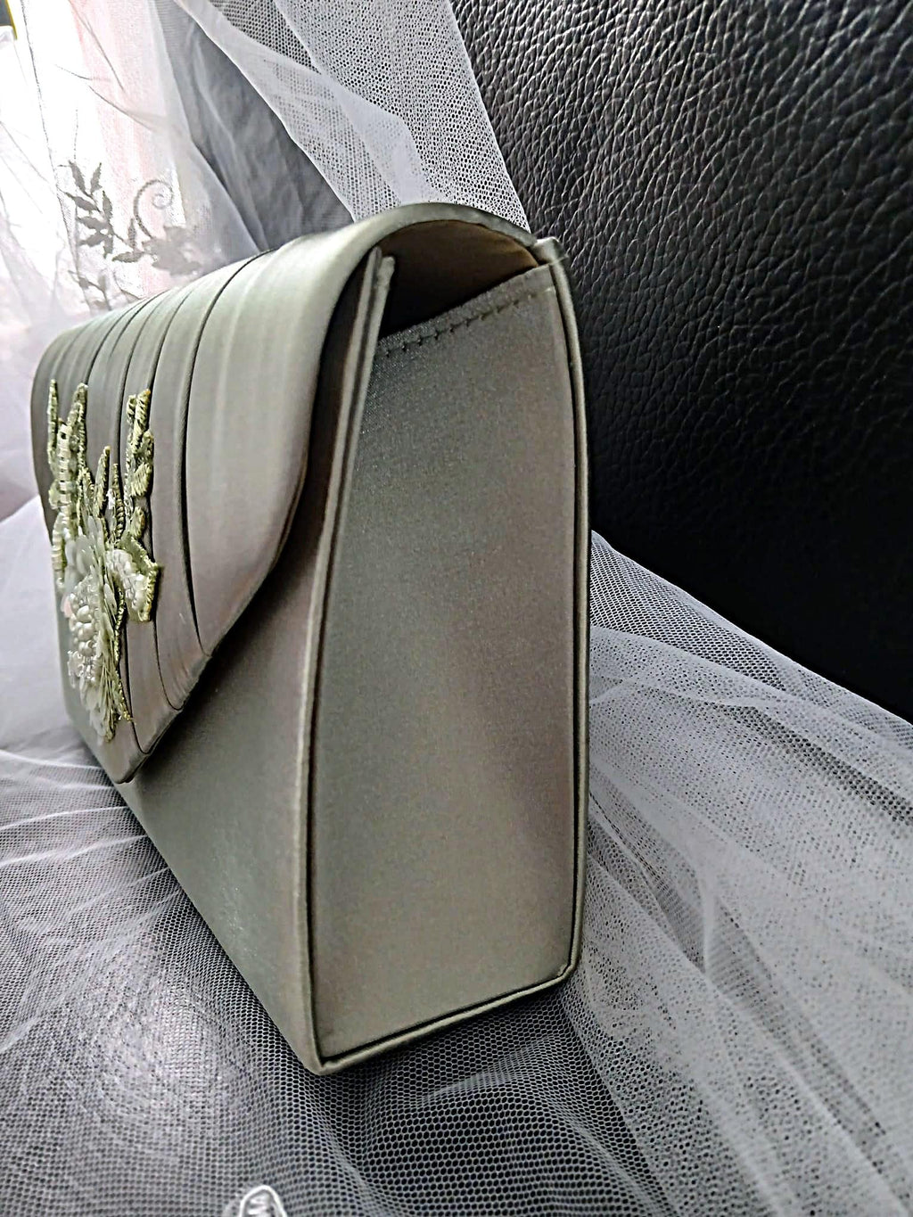 Sage Green Floral Hat & Satin Clutch Bag Set For Formal Event