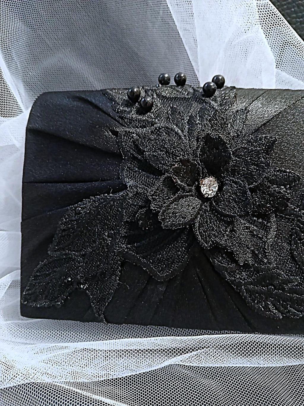 Black Satin Evening Clutch Bag: Floral Wedding Handbag with Chain