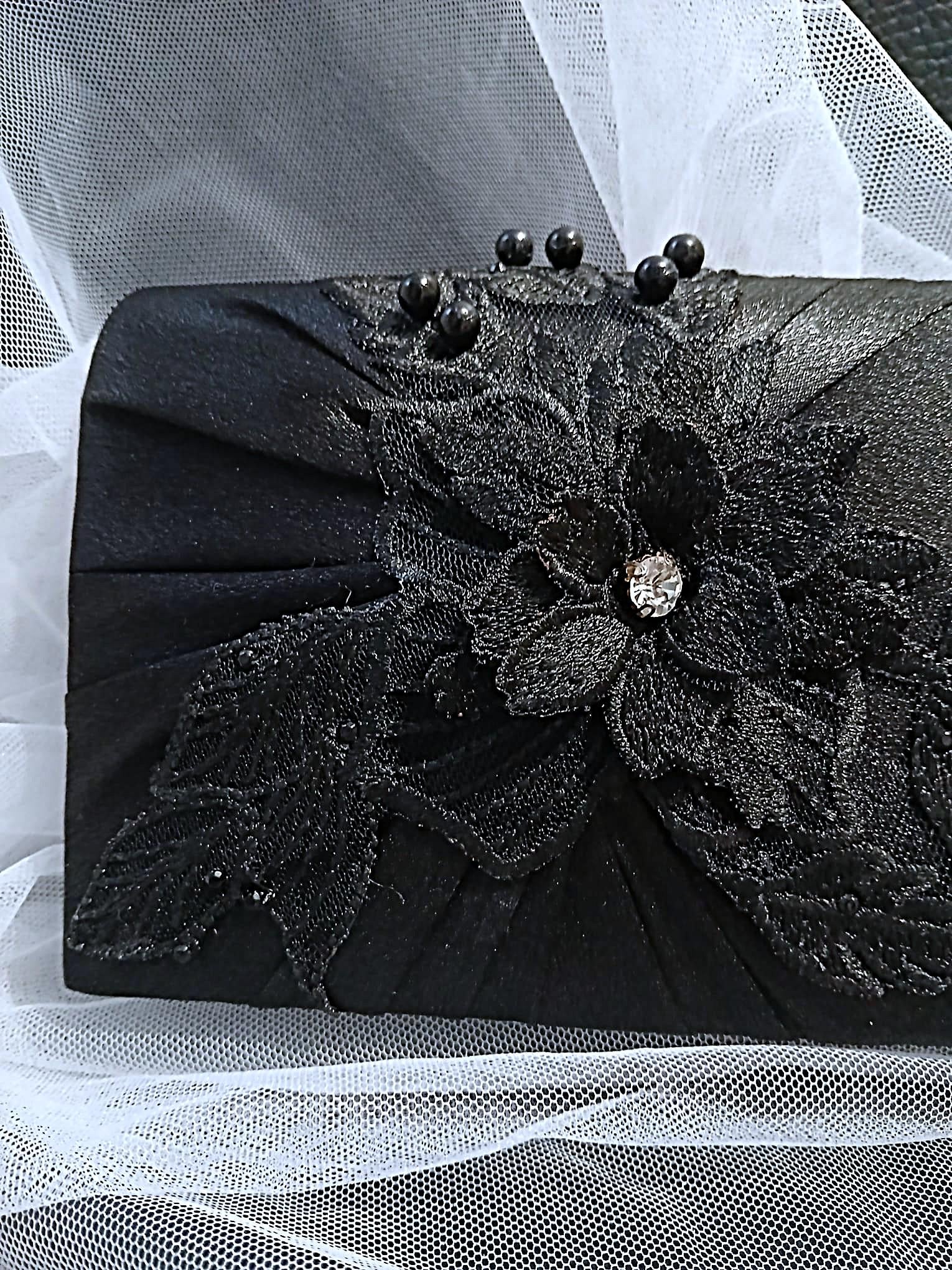 Black Satin Evening Clutch Bag: Floral Wedding Handbag with Chain