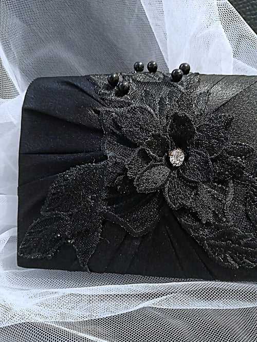 Black Satin Evening Clutch Bag: Floral Wedding Handbag with Chain