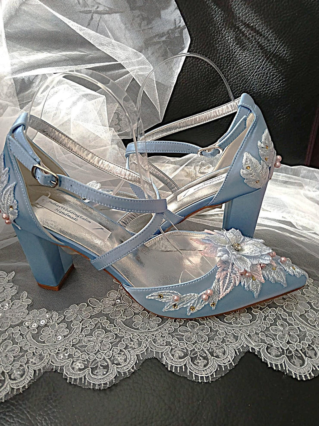 New Light Bue Satin Block Heel Sandal Set: Floral Hat & Clutch - Formal Occasion