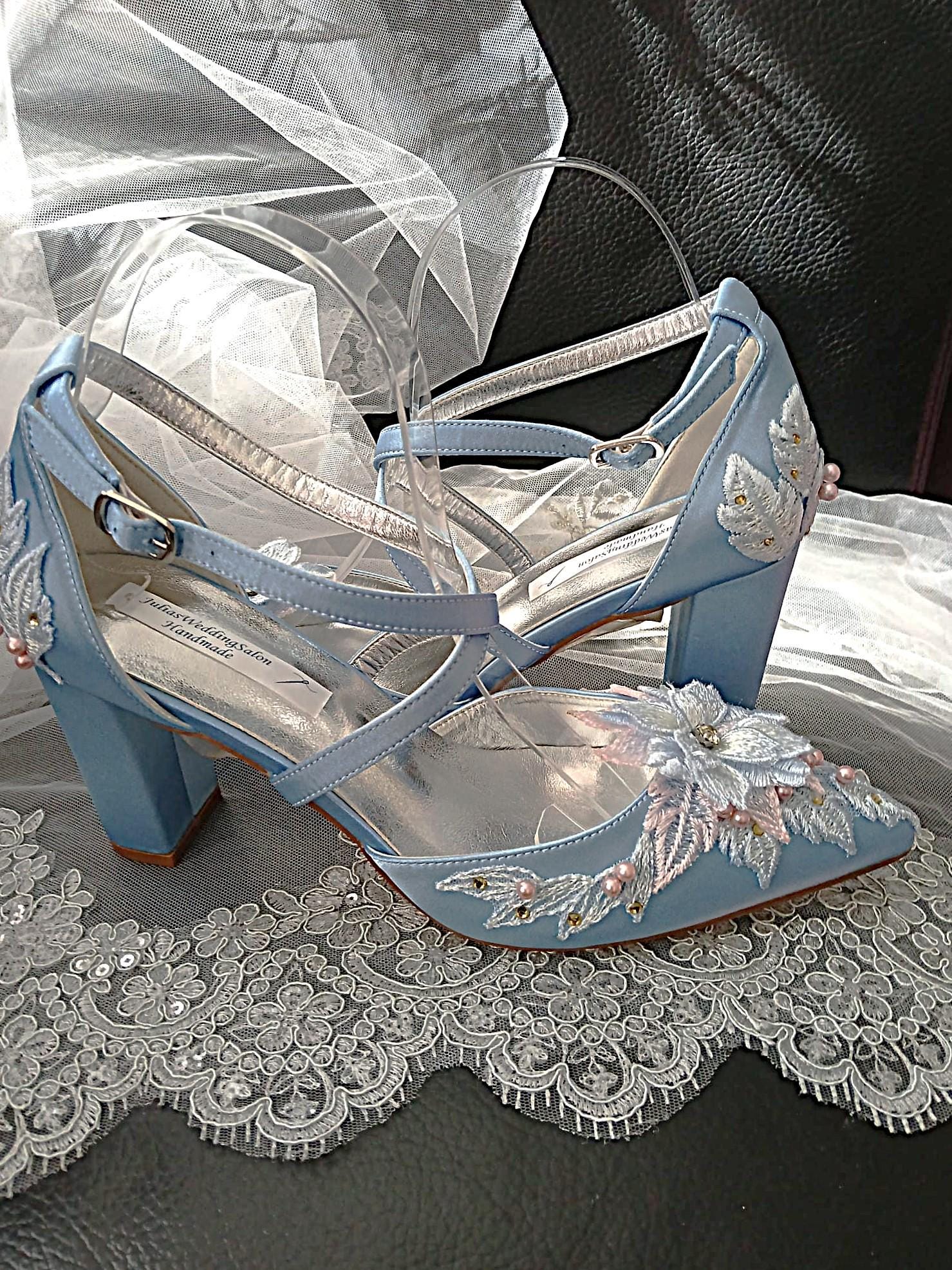 New Light Bue Satin Block Heel Sandal Set: Floral Hat & Clutch - Formal Occasion