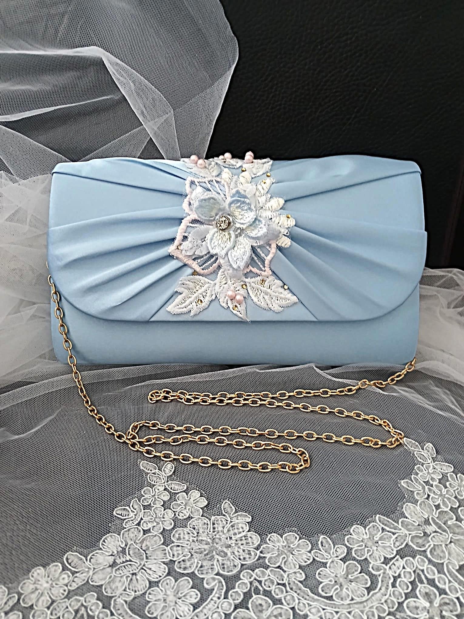 Light Blue Satin Evening Clutch Bag: Floral Wedding Handbag With Chain