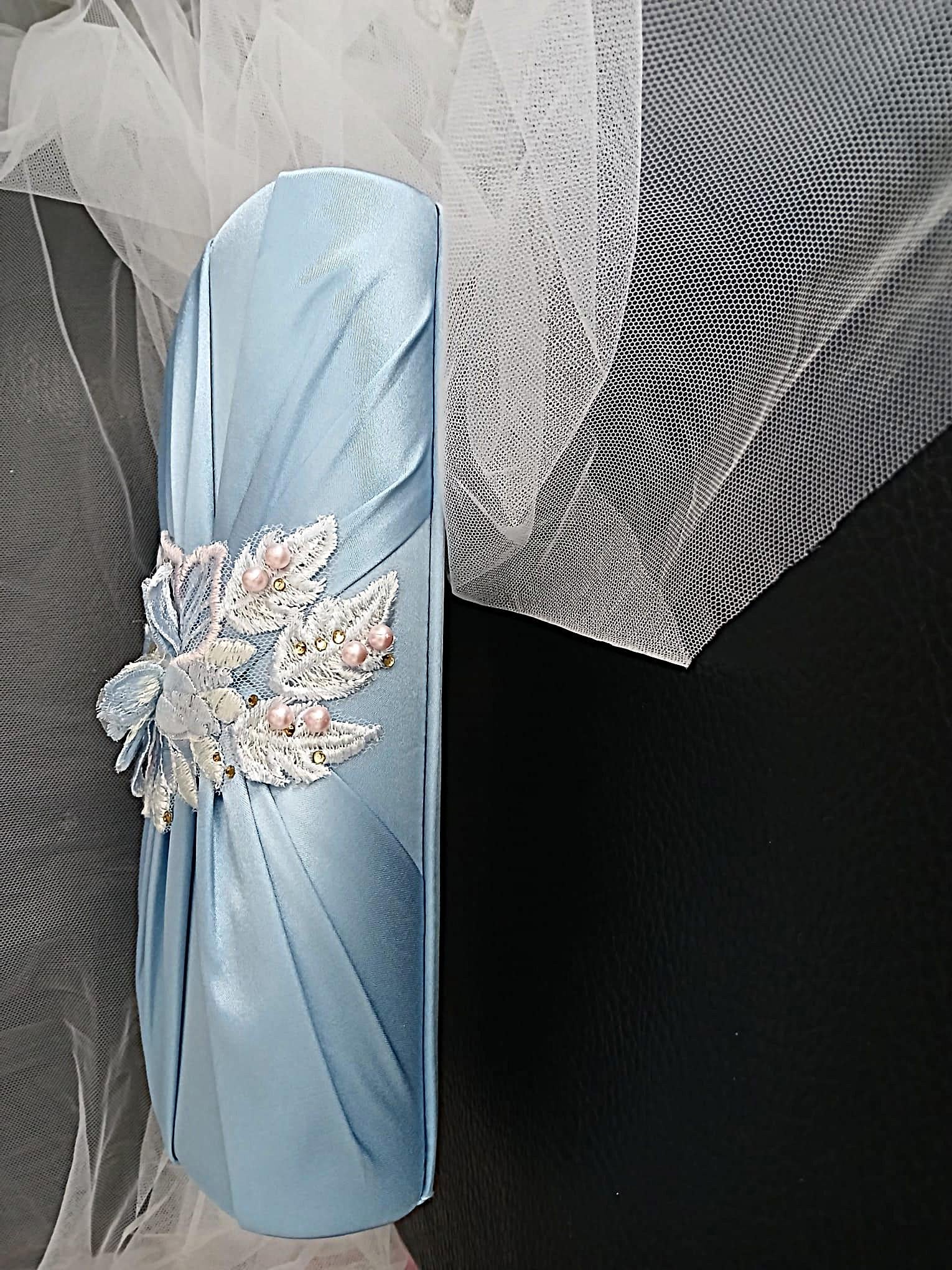 Light Blue Satin Evening Clutch Bag: Floral Wedding Handbag With Chain