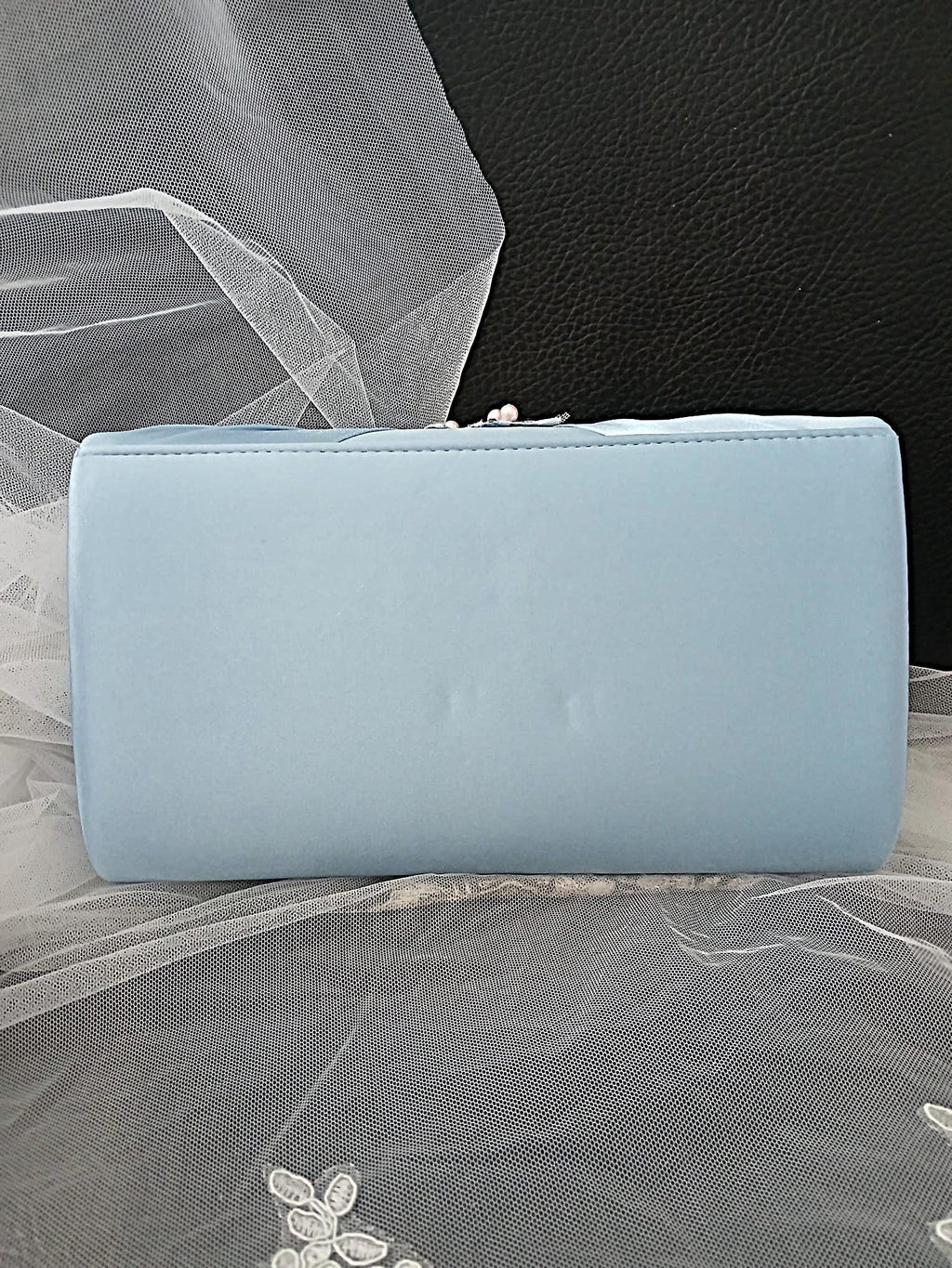 Ligh Blue Floral Hat and Suede Evening Clutch Bag Set For Formal Event