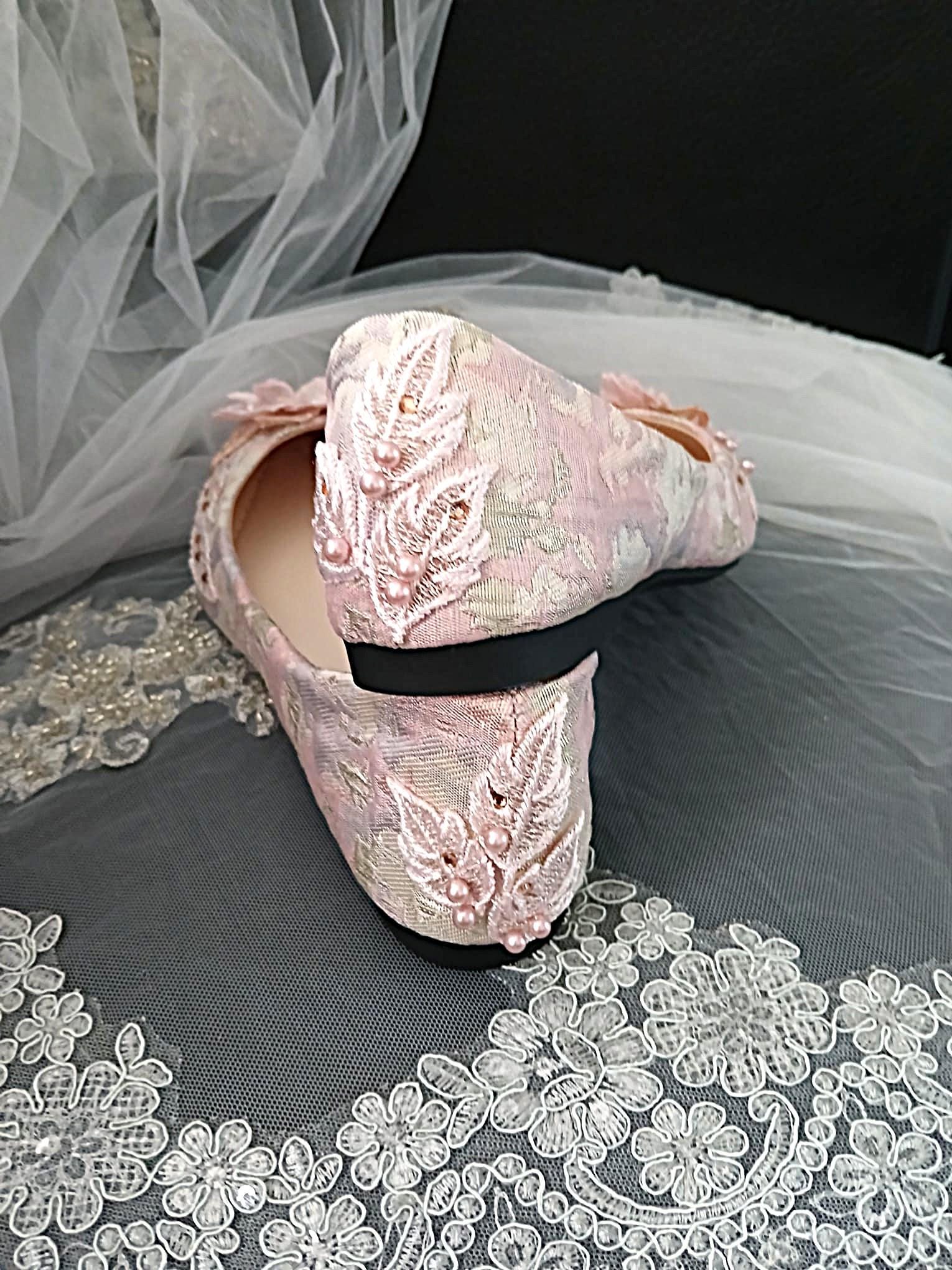 Light Pink Floral Flat Shoes and Clutch Bag Set For Party Or Formal Event