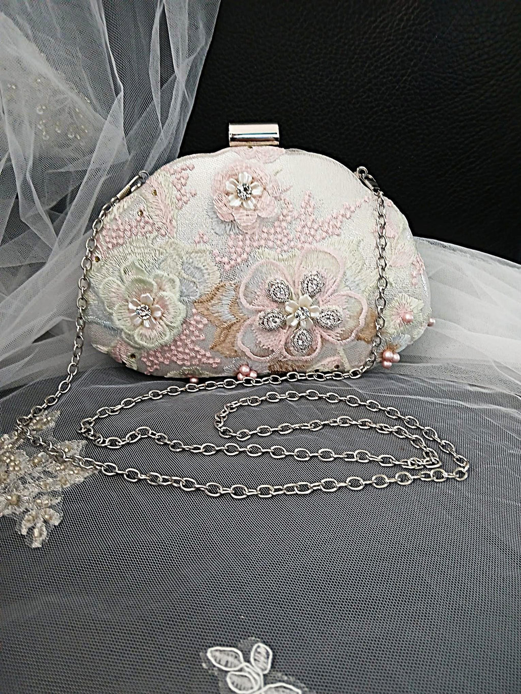 Silver Evening Clutch Bag: Pink Flower Applique, Chain Handle